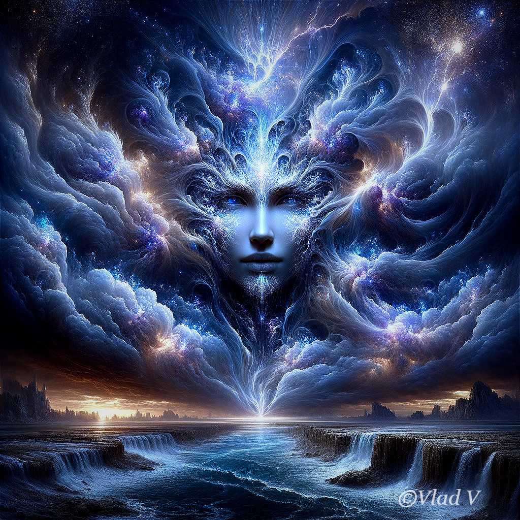 Surreal Cosmic Landscape with Ethereal Female Face