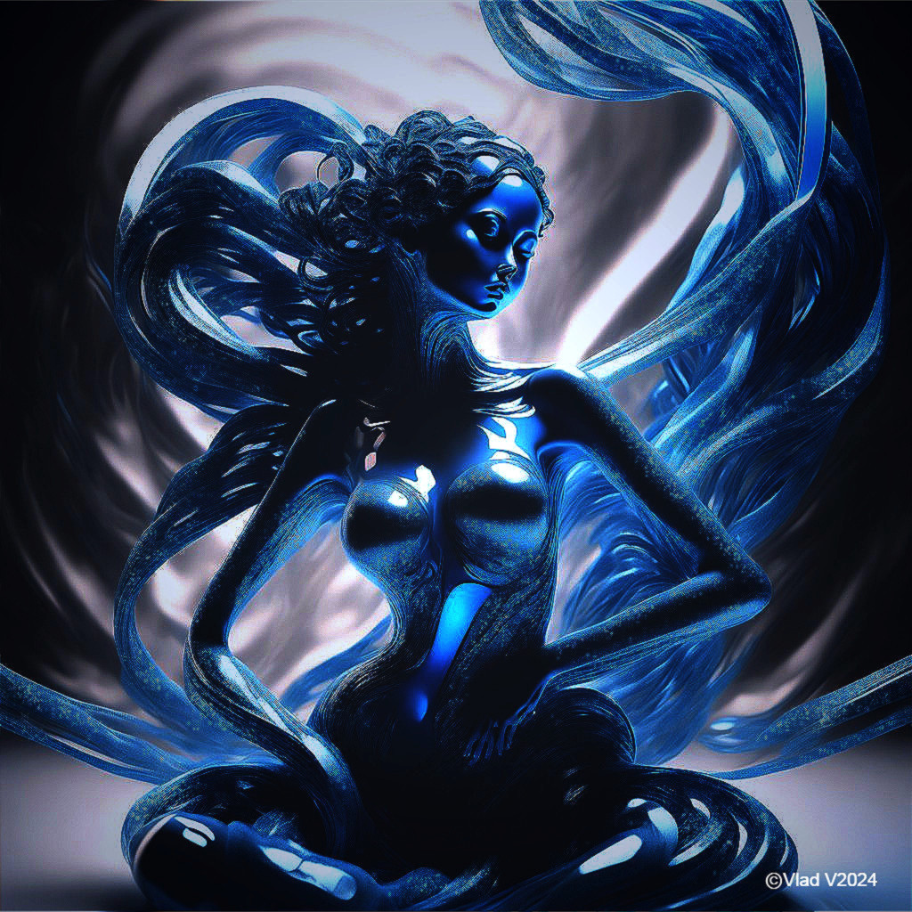 Ethereal Figure in Deep Blue Tones with Fluid Motion