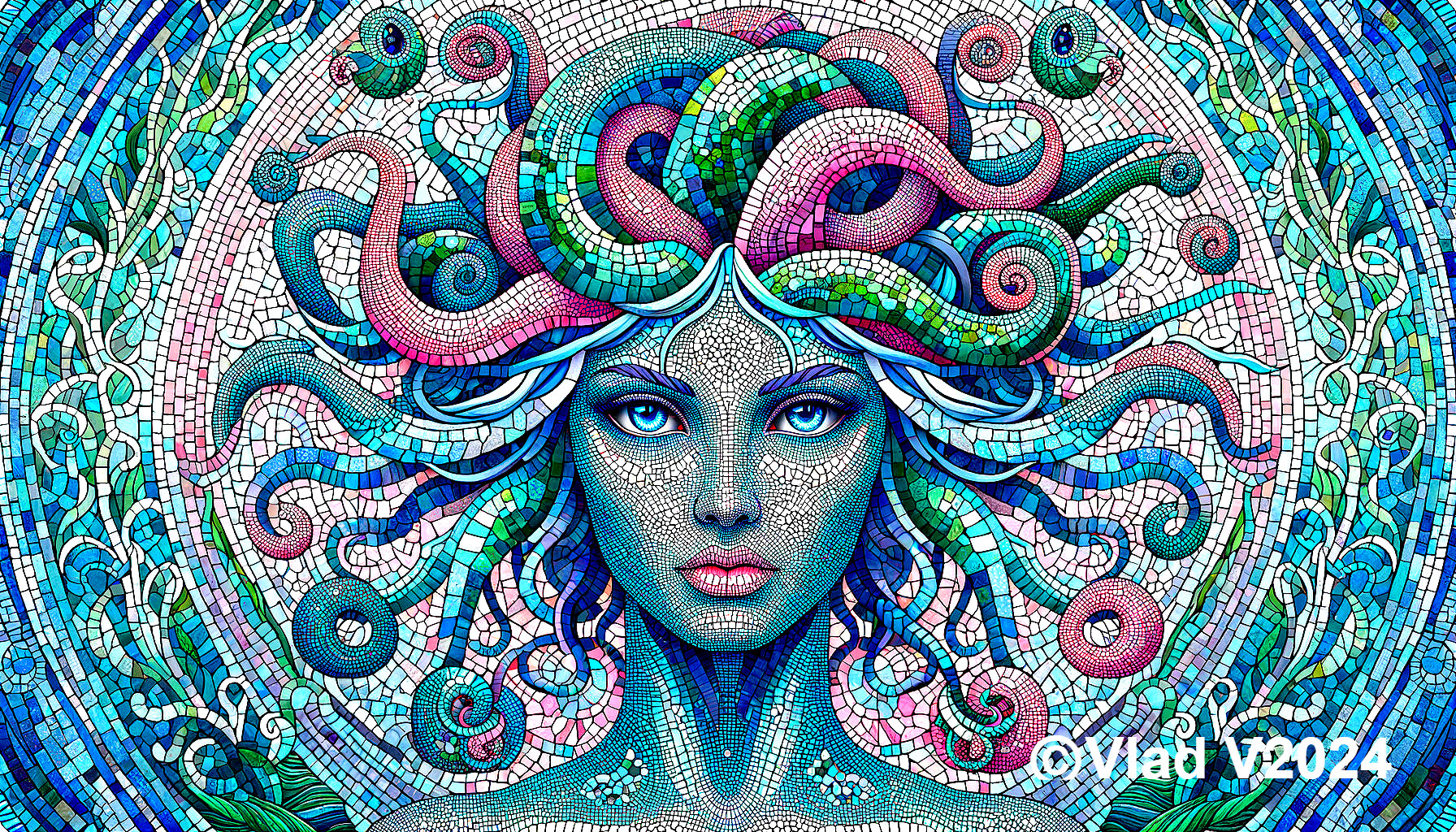 Mosaic Artwork of Woman with Colorful Snake Hair