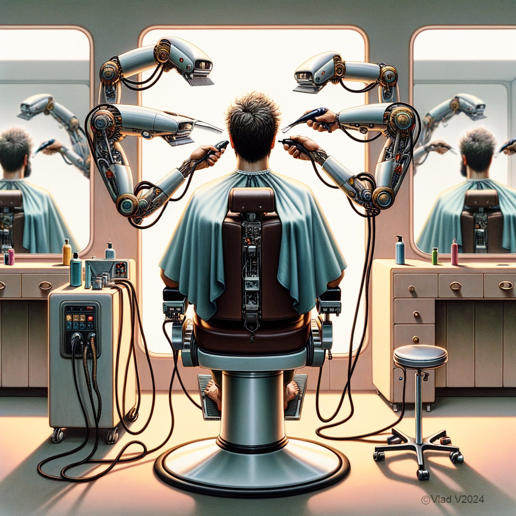 Futuristic Barbershop with Robotic Hair Grooming Tools
