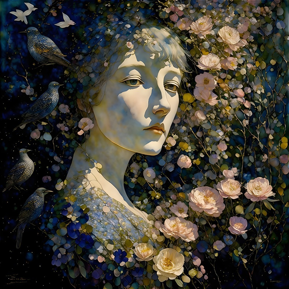 Surreal portrait of a woman with starry background, flowers, and birds