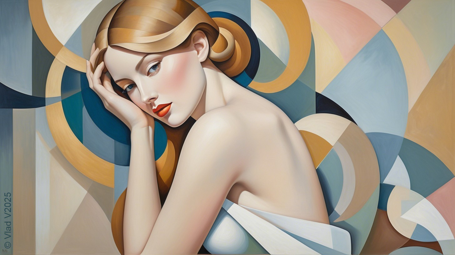 Stylized Female Figure in Serene Geometric Background