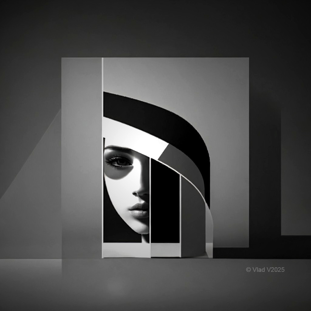 Stylized Face within Geometric Black and White Design
