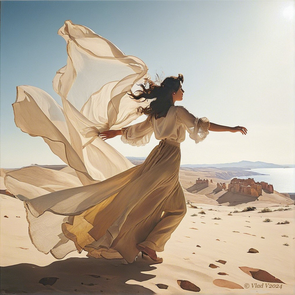 Dancer in Flowing Attire in Sunlit Desert Landscape