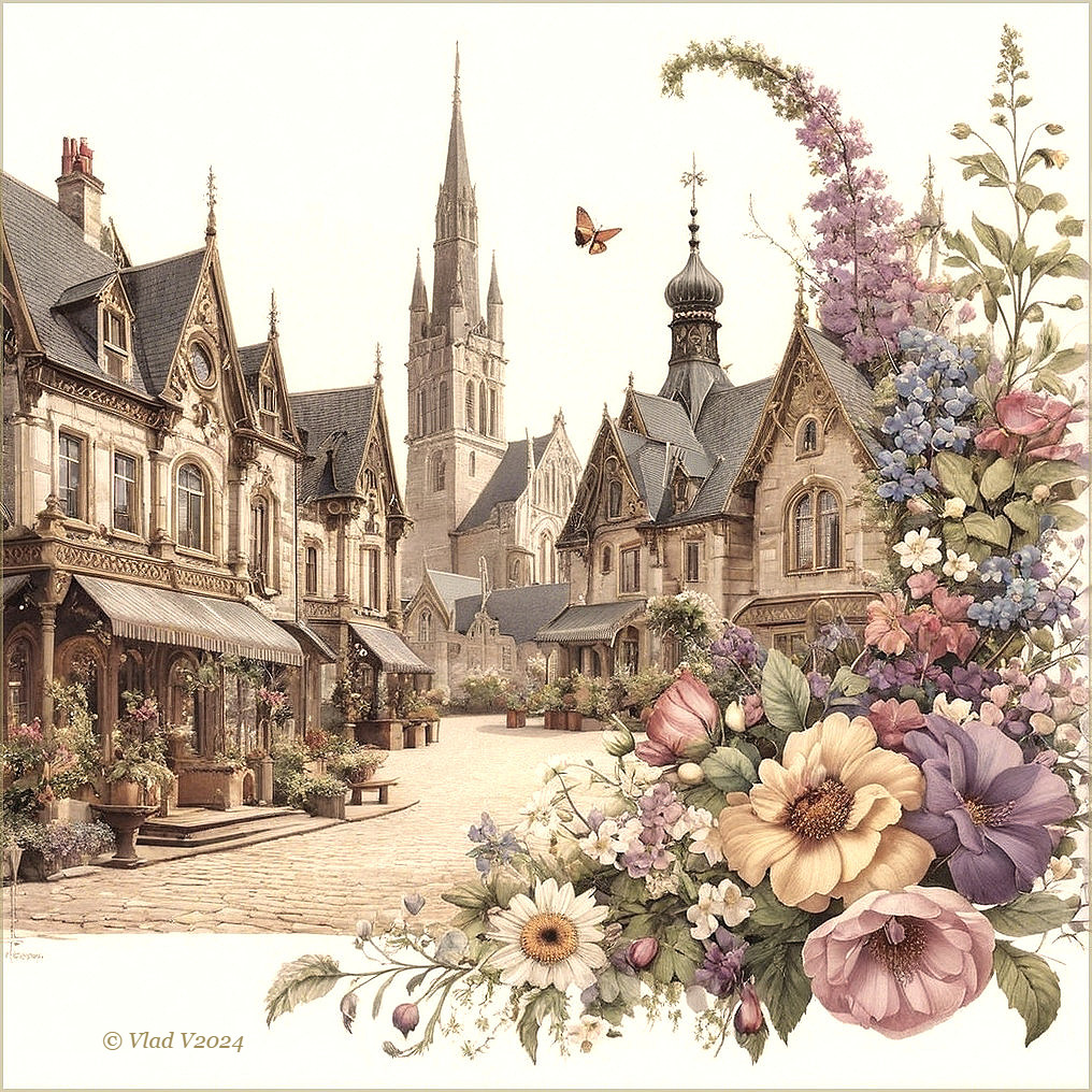 Quaint village scene with ornate buildings and flowers