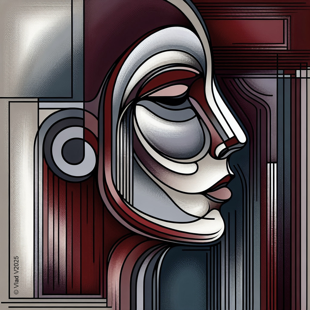 Abstract Human Face in Muted Red, White, and Gray