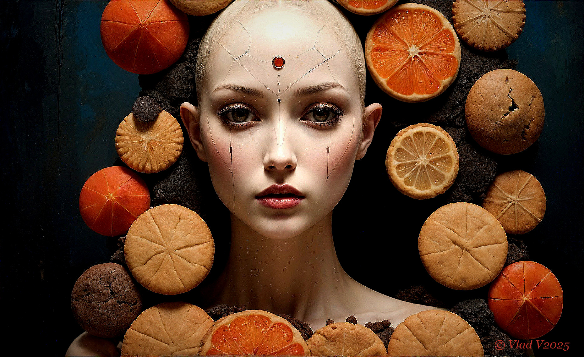 Portrait of a model with shaved head and baked goods