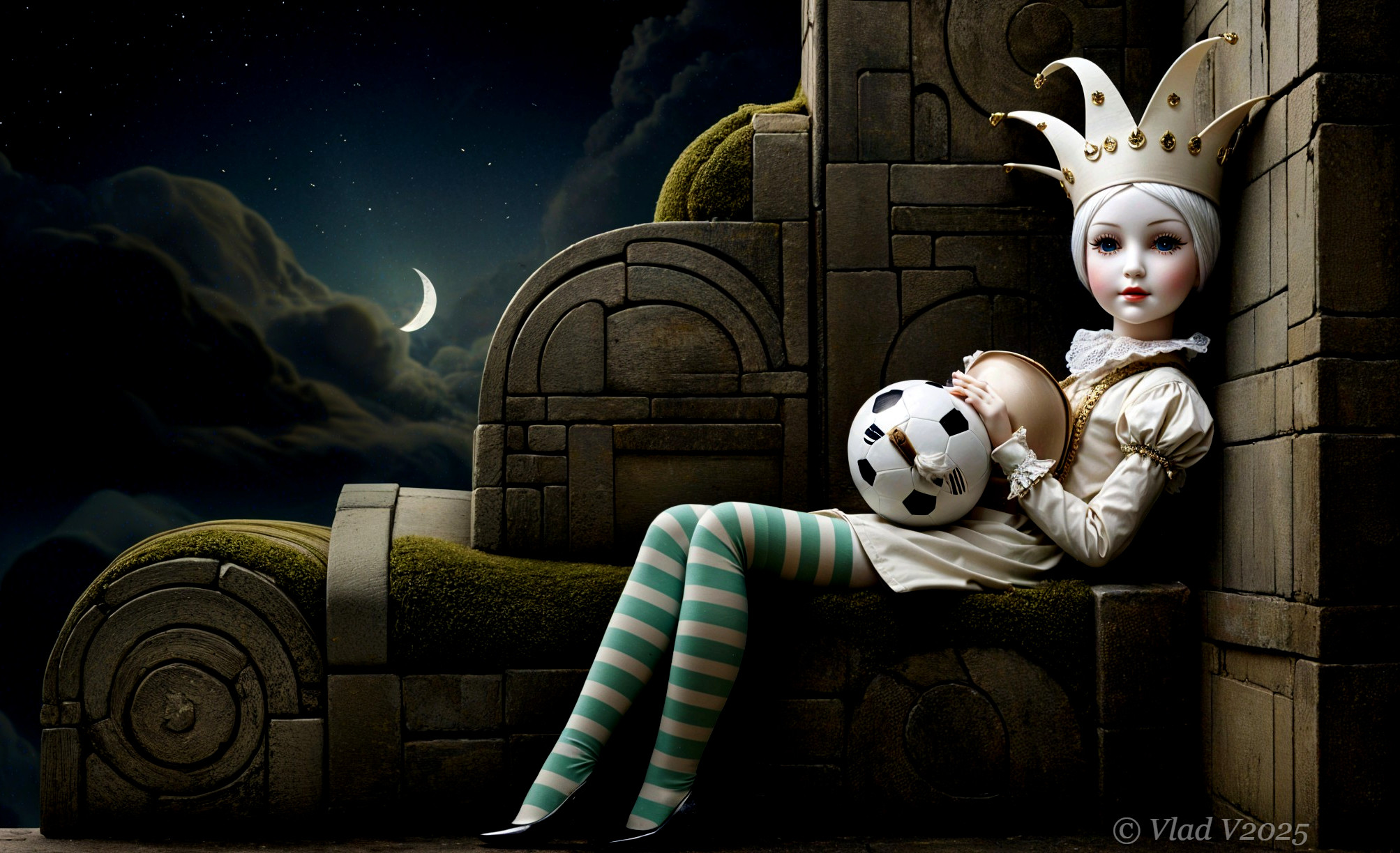 Porcelain Doll in Regal Attire with Soccer Ball