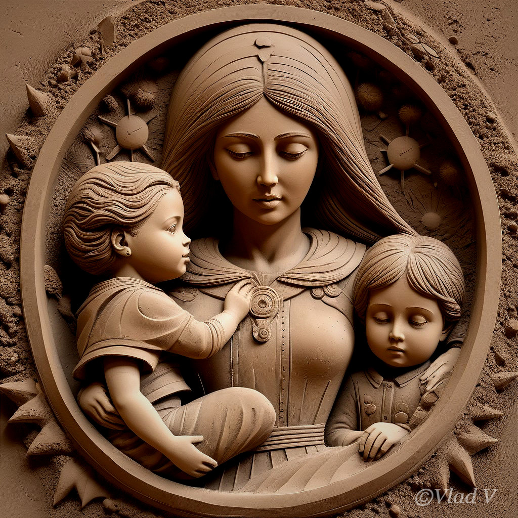 Intricately Carved Relief of a Mother and Children