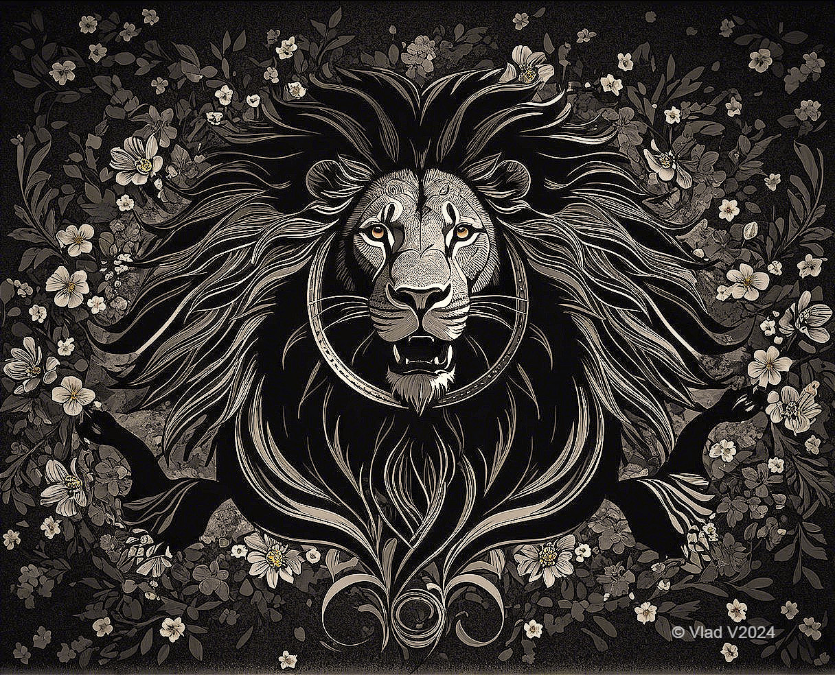 Lion's Head Surrounded by Intricate Floral Patterns