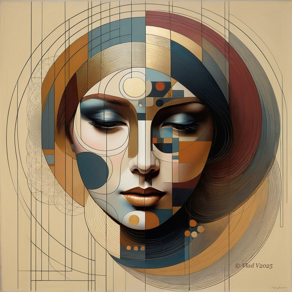 Stylized Female Face in Geometric Shapes and Colors