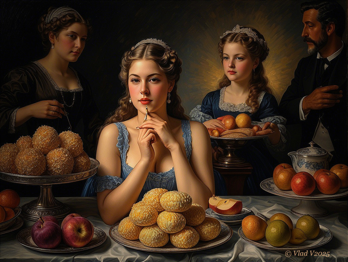 Lavish Still-Life Scene with Fruits, Pastries, and Figures