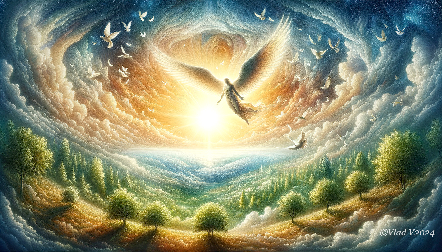 Serene landscape with angel ascending towards sun