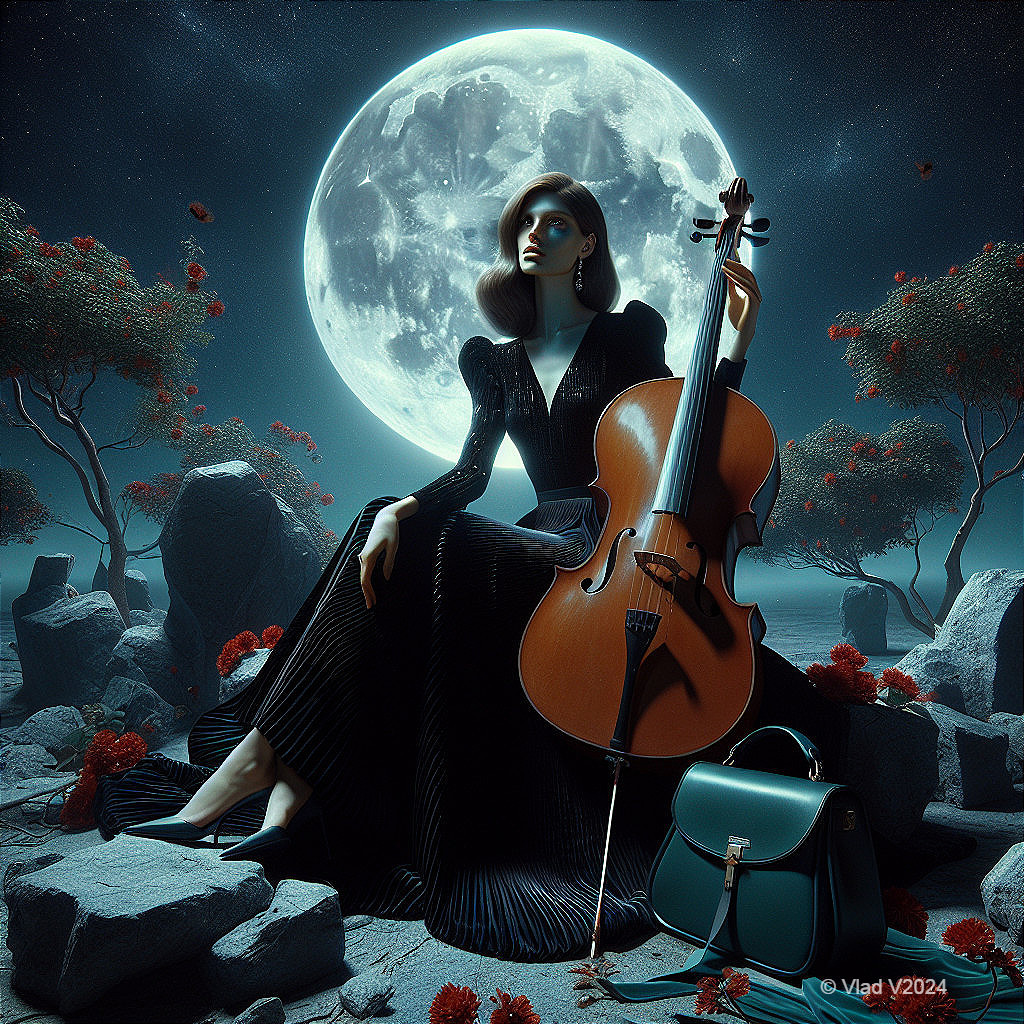 Elegant Woman in Black Gown in Surreal Landscape