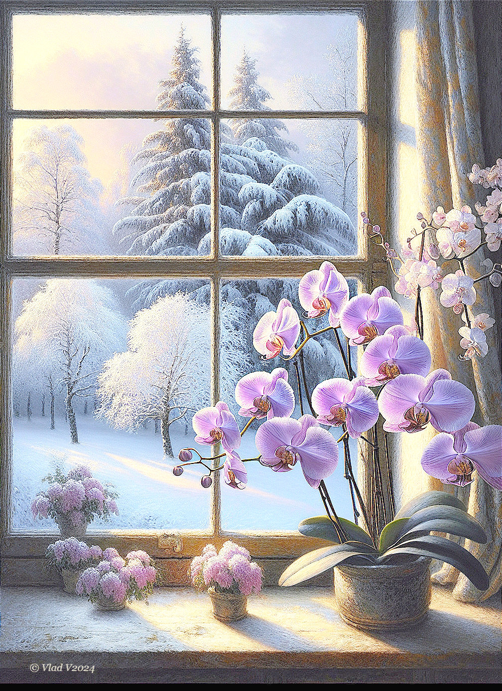 Winter Landscape with Snowy Trees and Orchids