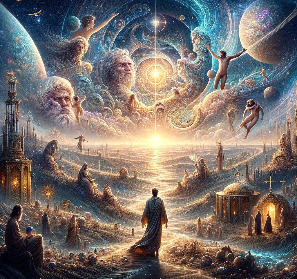 Surreal cosmic scene with ethereal beings, planets, figure, and celestial symbolism