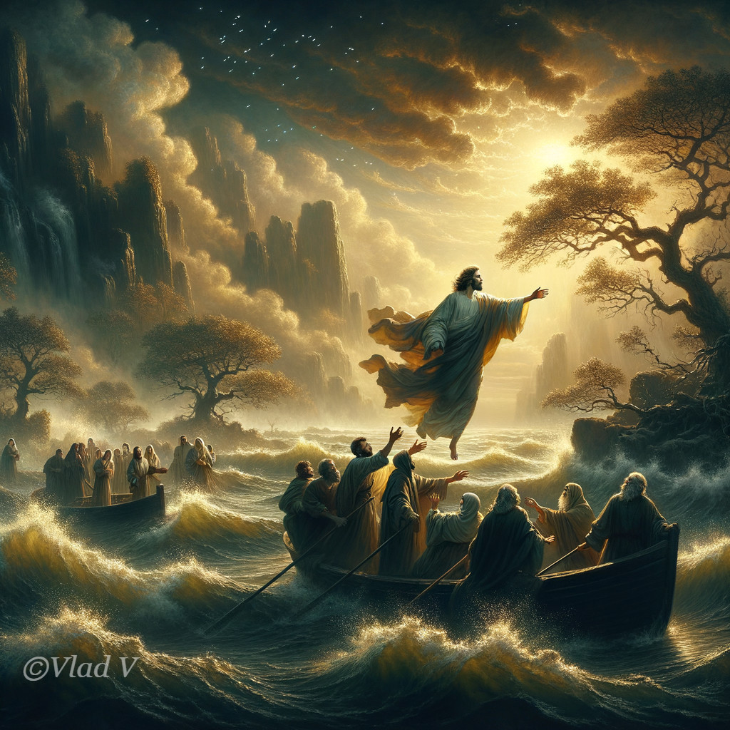 Luminous Figure Above Turbulent Waters and Boats