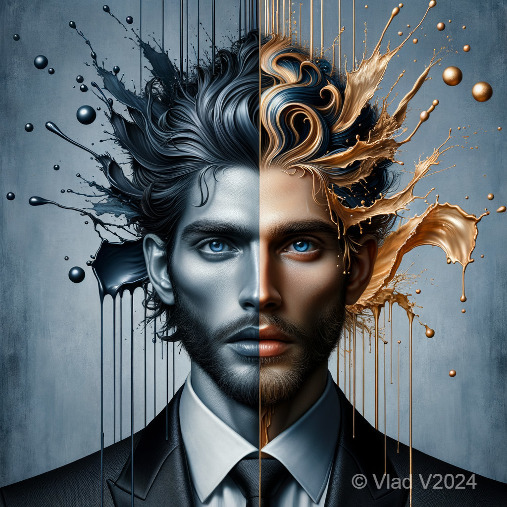 Portrait of a Man with Dual Color Contrast and Paint Splashes