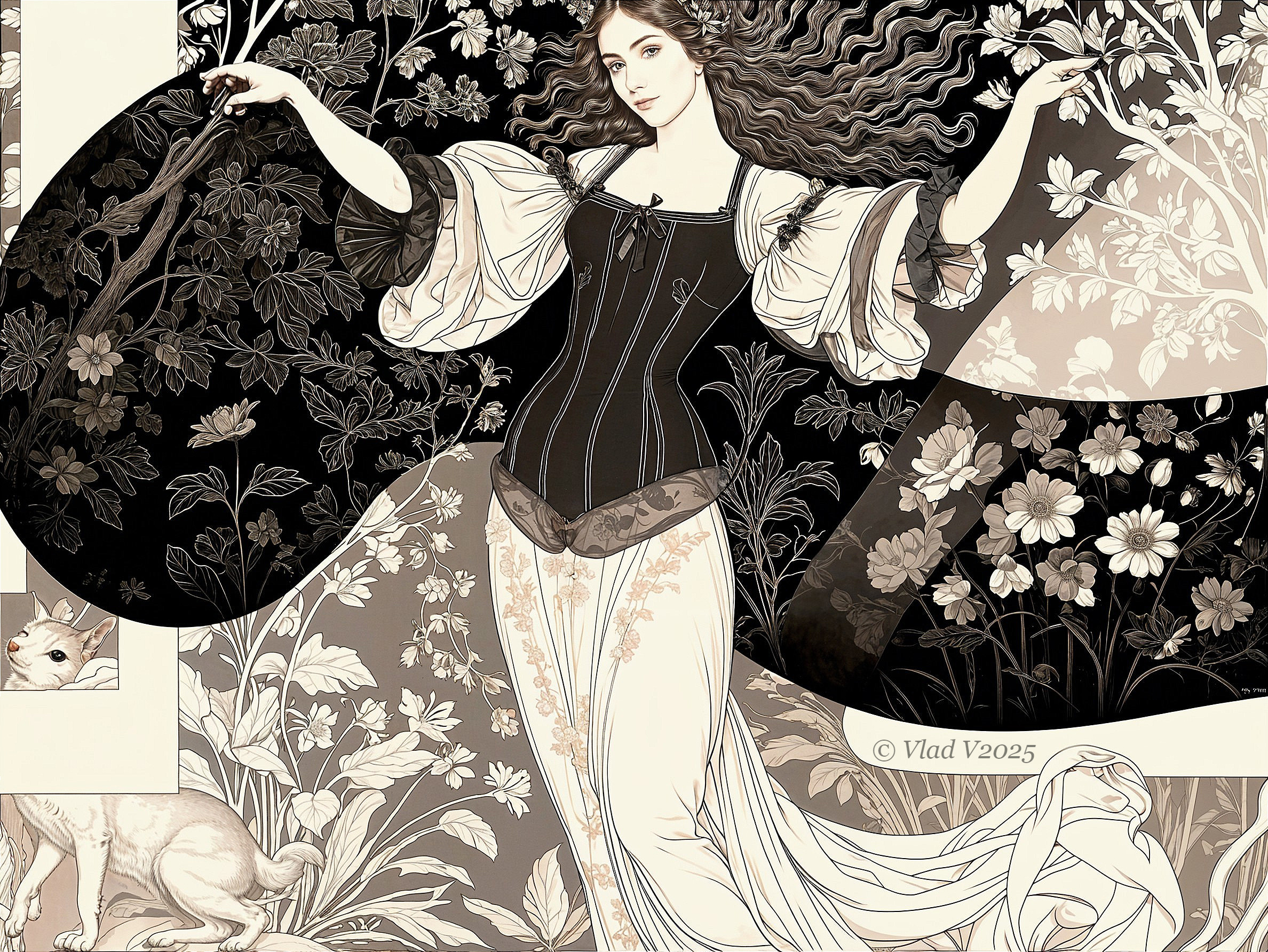 Neo-Victorian Illustration of Woman in Corset and Skirt