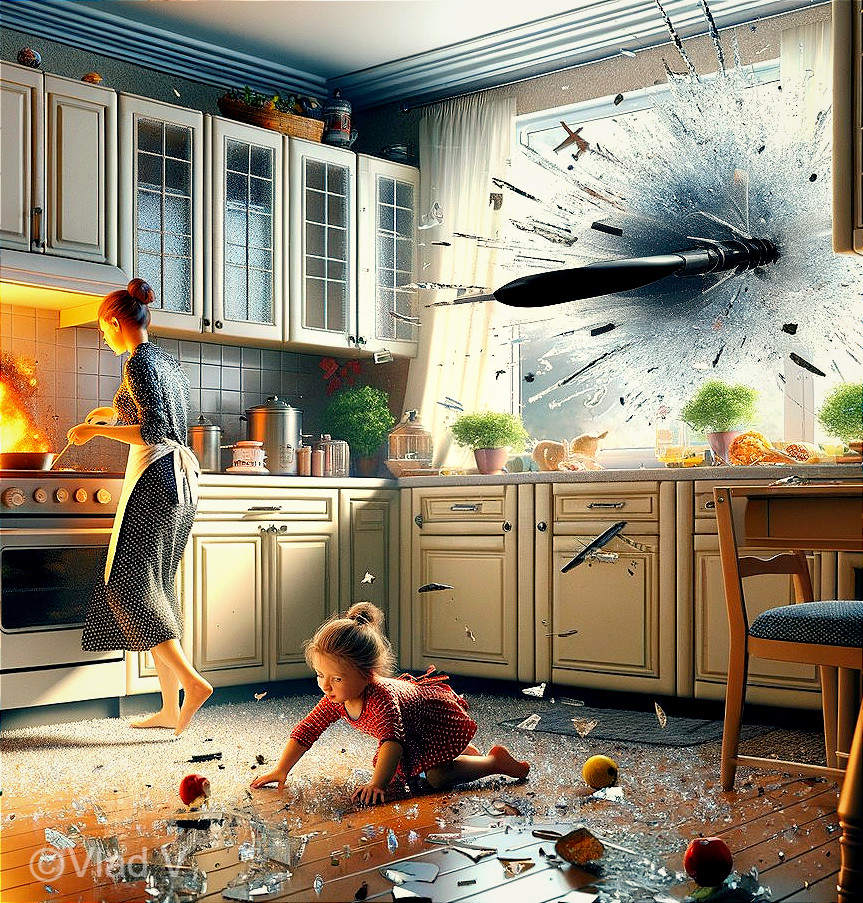 Woman and child startled in vintage kitchen scene