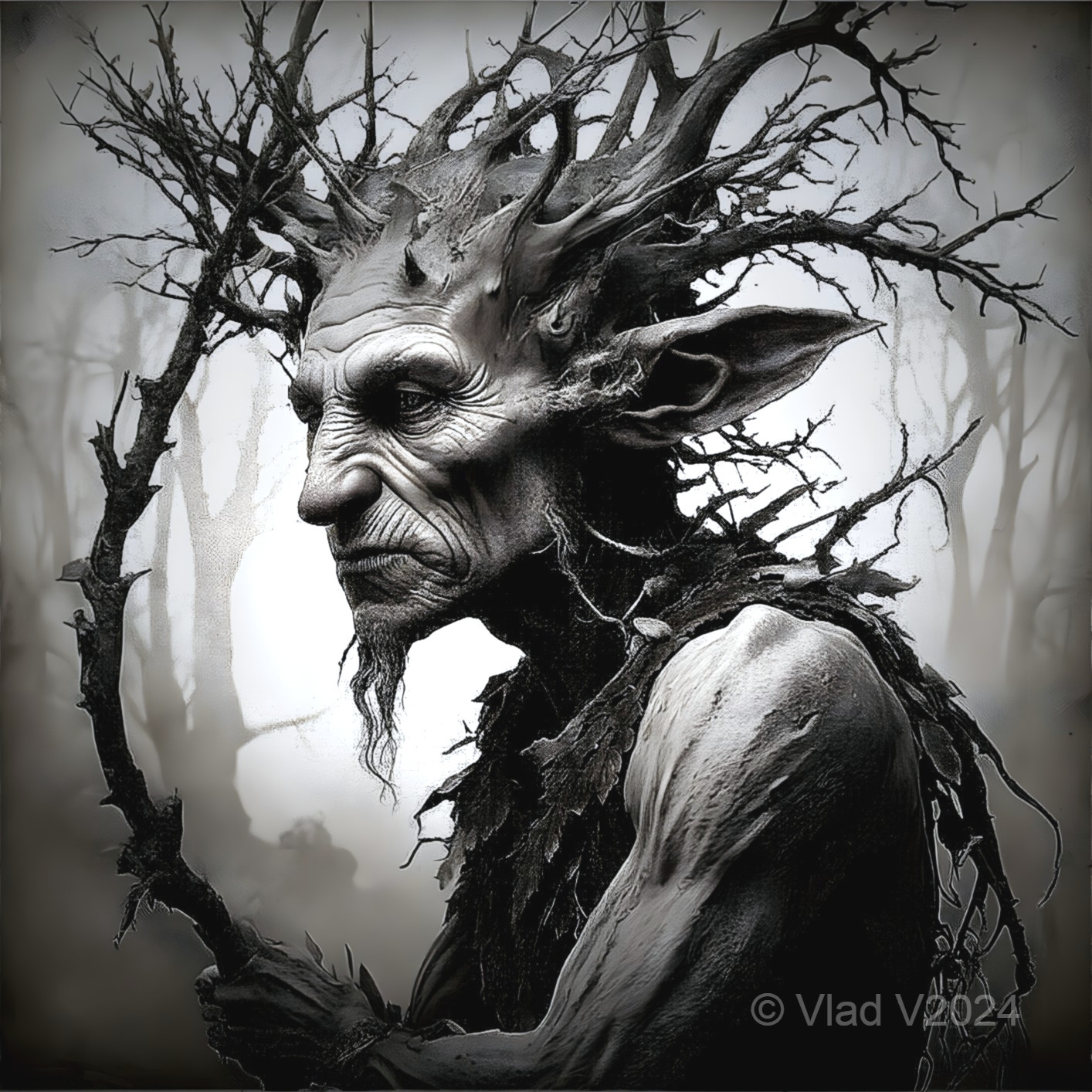 Mythical Creature in Misty Forest with Gnarled Staff