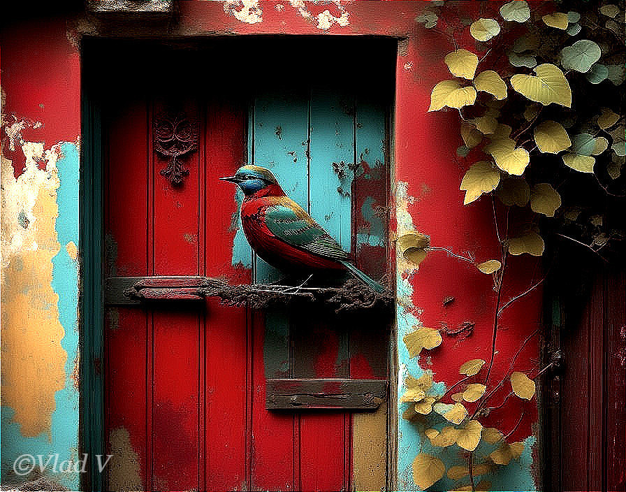 Vivid Bird on Rustic Window Sill with Weathered Wall