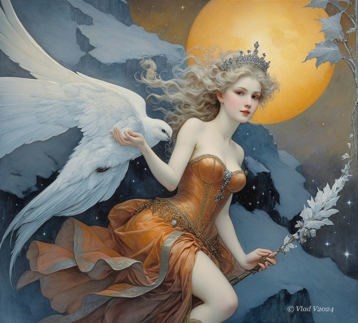 Young Woman in Orange Gown with Dove by Full Moon