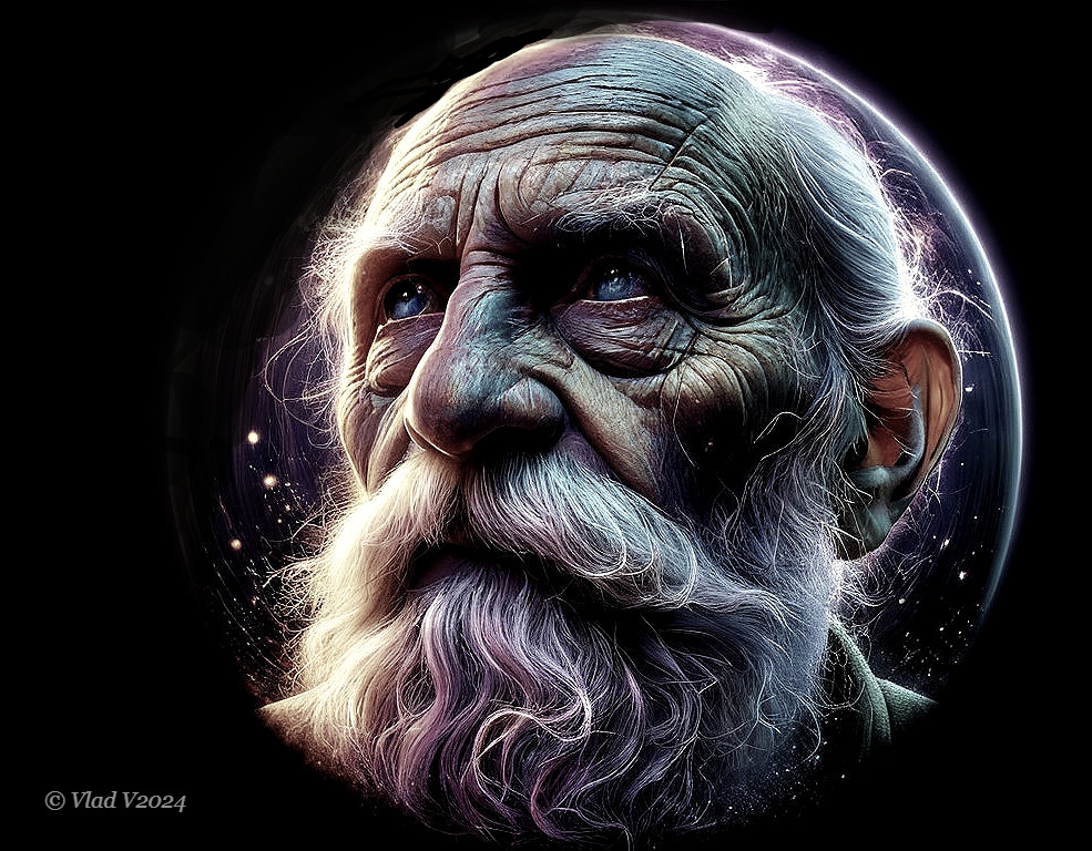 Elderly Man with White Beard Against Cosmic Background