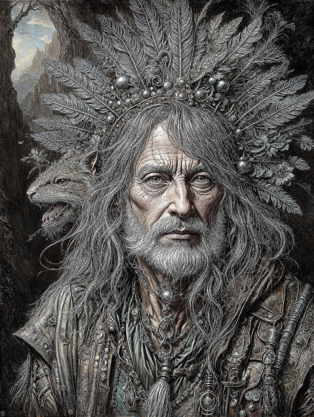 Elder with Fern Headdress and Shadowy Creature