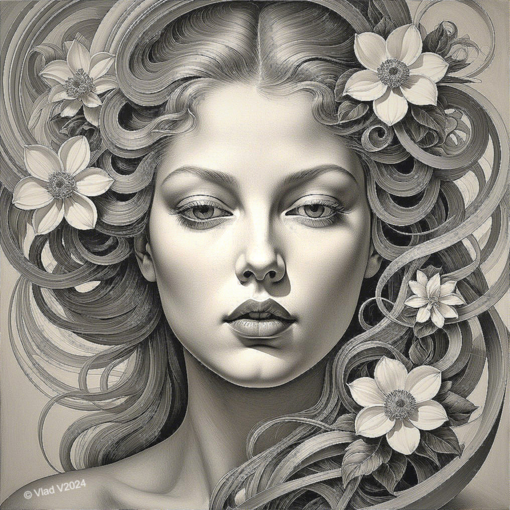 Portrait of a Woman with Flowers in Grayscale Tones