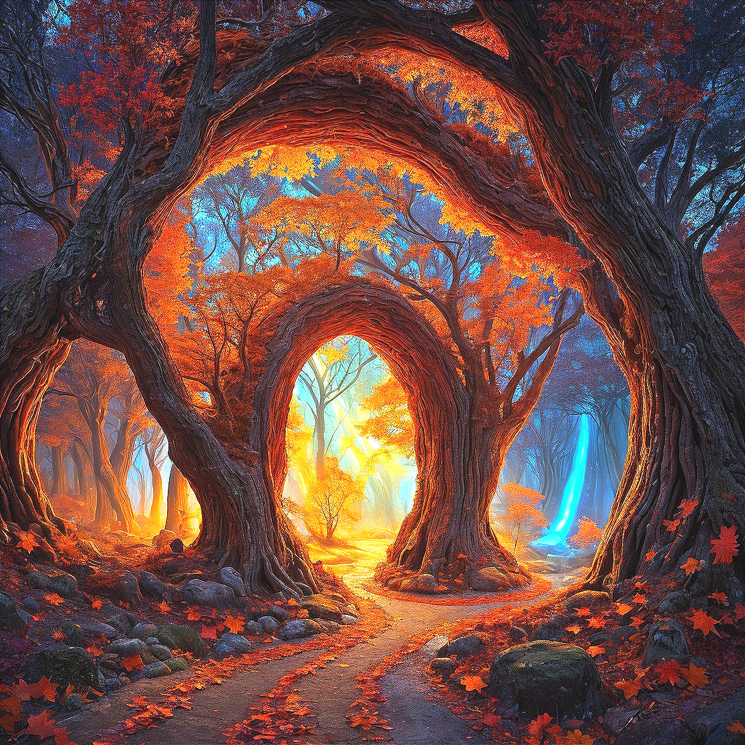 Vibrant Fantasy Forest with Intertwined Trees and Light