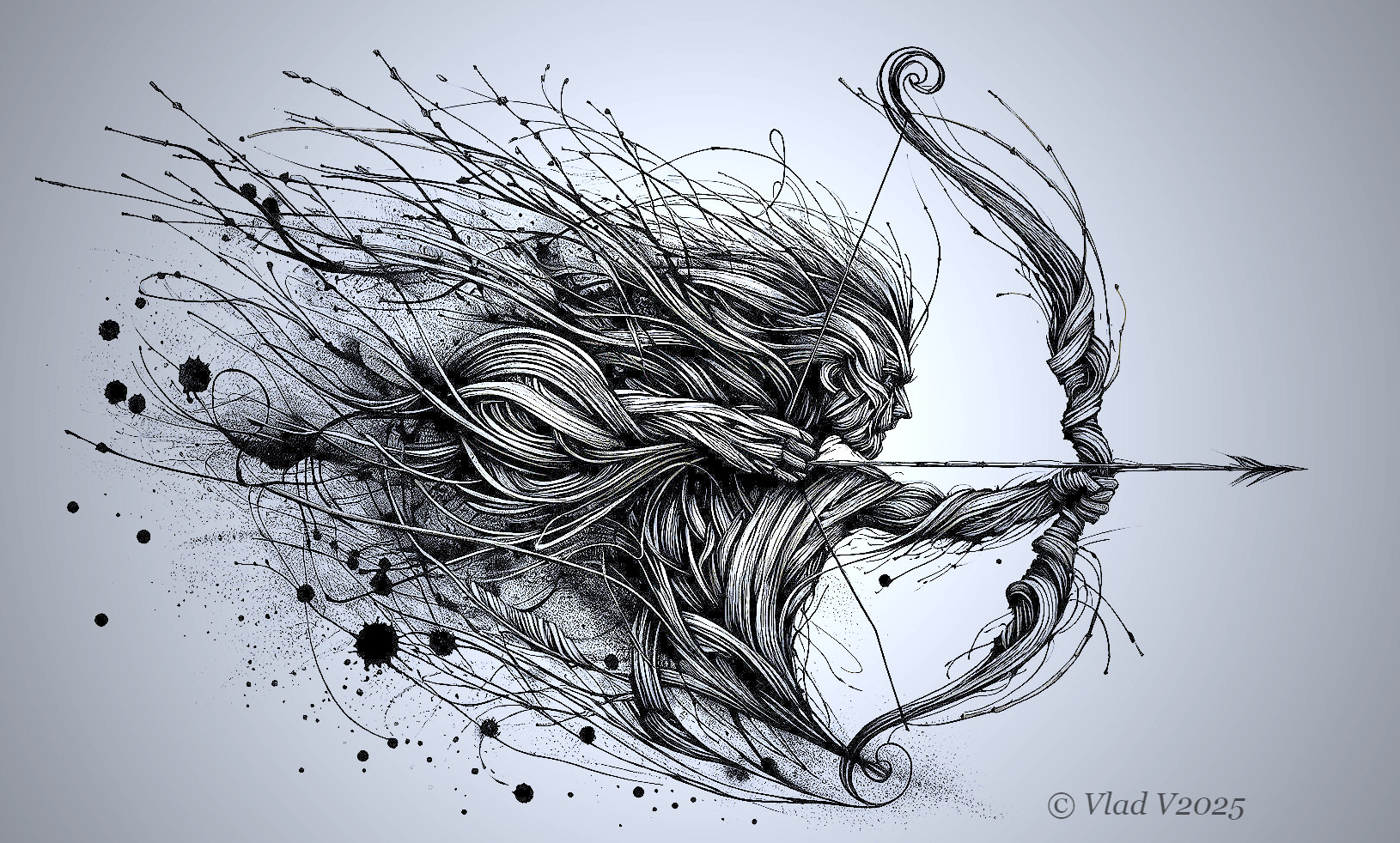 Intricate Black and White Archer Illustration with Motion
