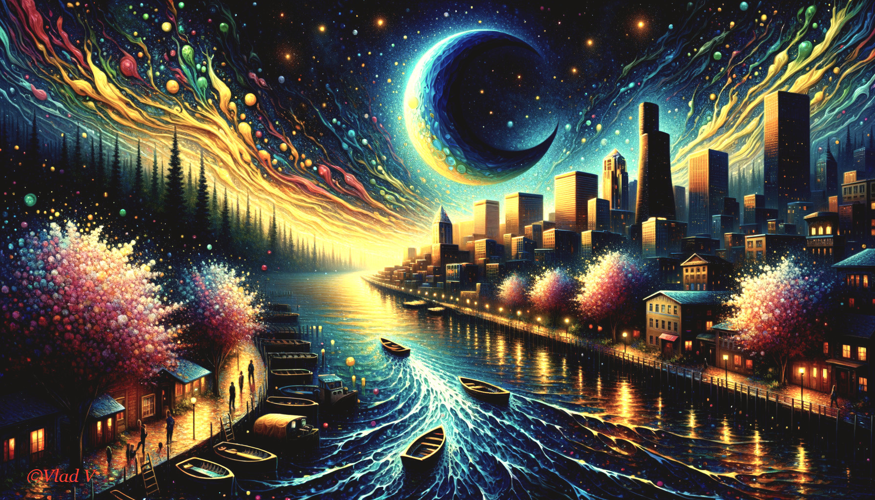 Twilight Cityscape with River and Cherry Blossoms