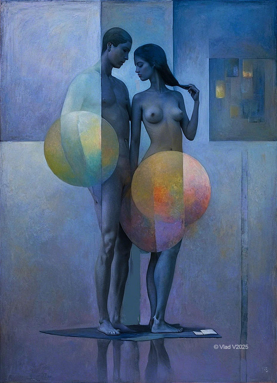 Nude Couple Surrounded by Colorful Abstract Spheres
