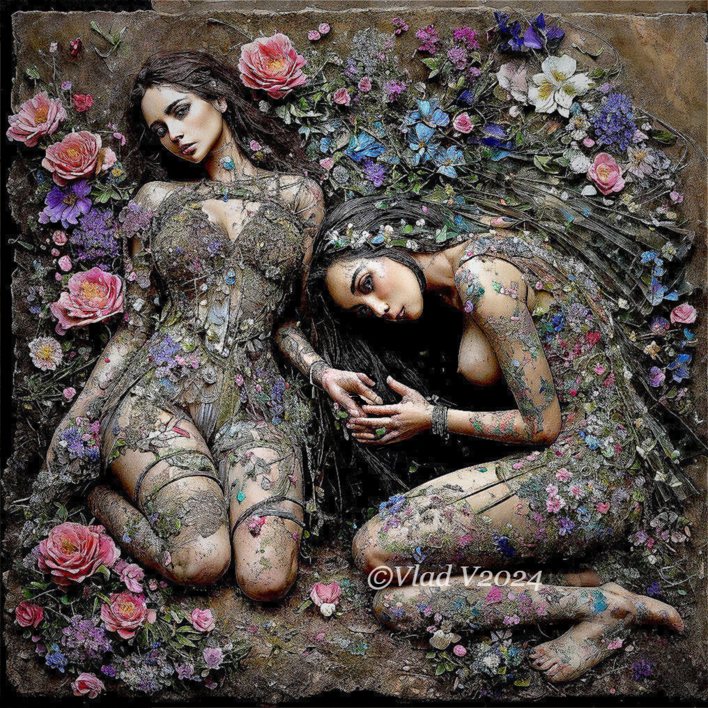 Ethereal Figures Among Vibrant Flowers in Nature