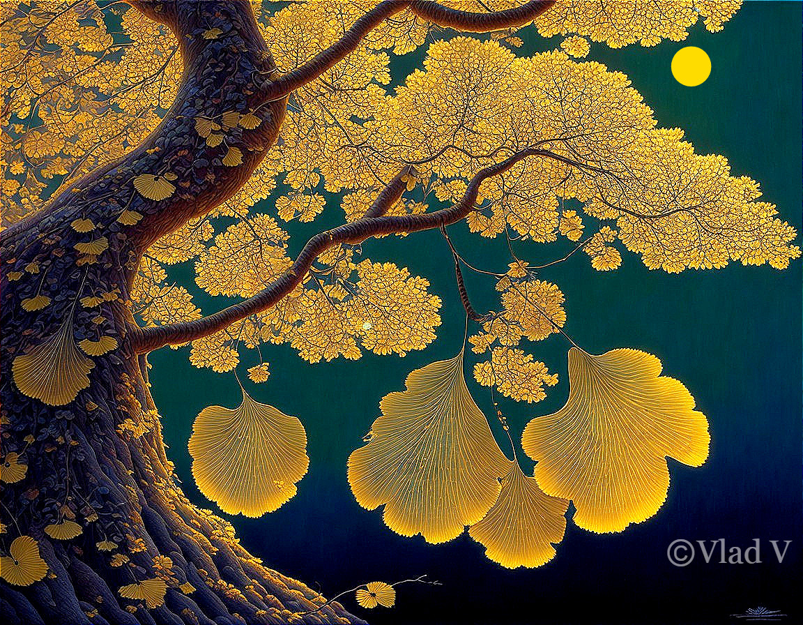 Vivid Painting of Tree with Golden Leaves and Moon
