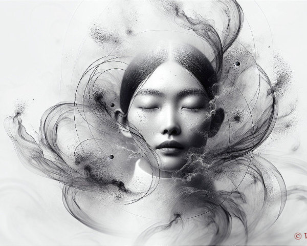 Monochromatic Illustration of a Serene Face with Patterns