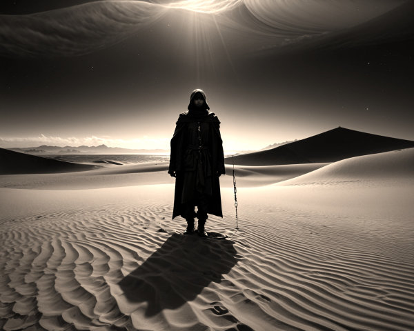Solitary Figure in Vast Desert with Dramatic Sky