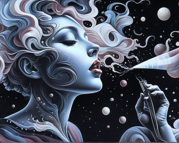 Serene Woman Exhaling Mist in Cosmic Landscape