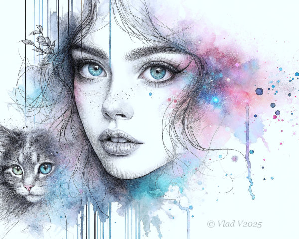 Portrait of a Young Woman with Watercolor Effects