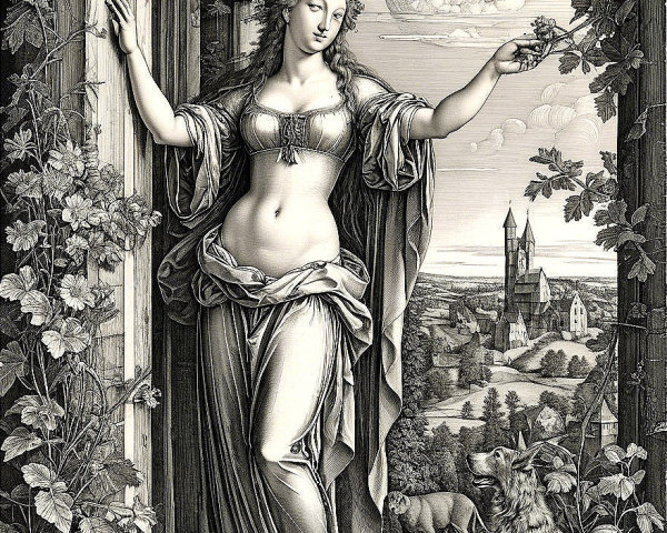 Goddess Figure at Ornate Archway with Animals and Landscape