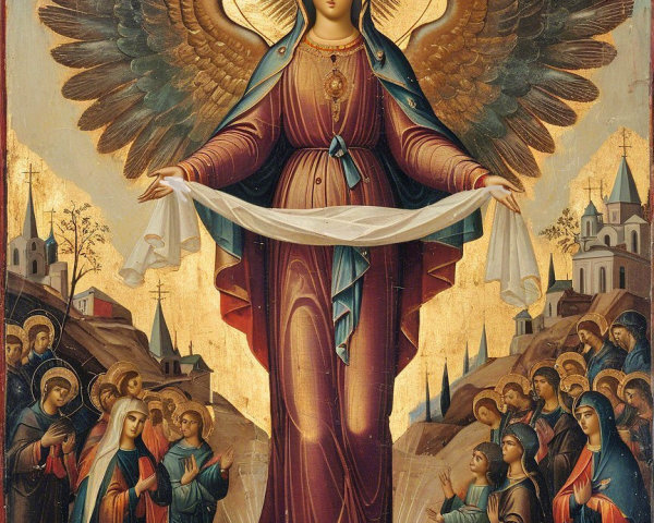 Religious Icon of Virgin Mary with Worshippers and Angels