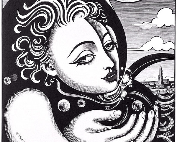 Black-and-white illustration of a serene figure and waves