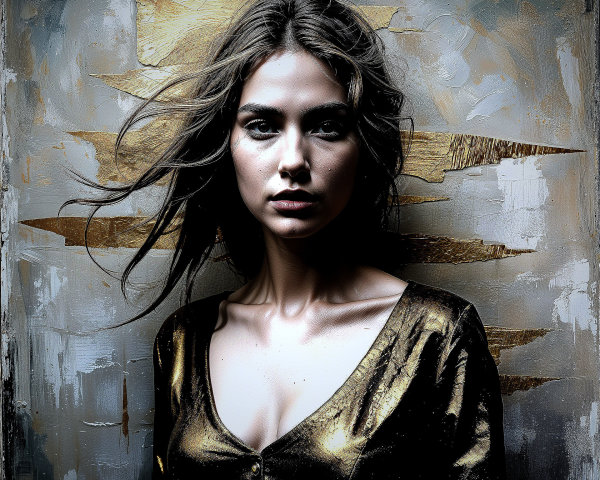 Portrait of a Young Woman with Wavy Hair and Gold Top