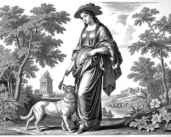 Woman in Dress with Dog in Serene Landscape