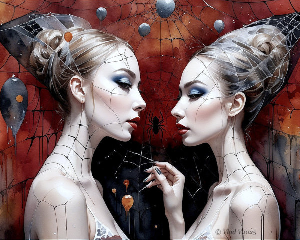 Artwork of Two Similar Women with Intricate Patterns