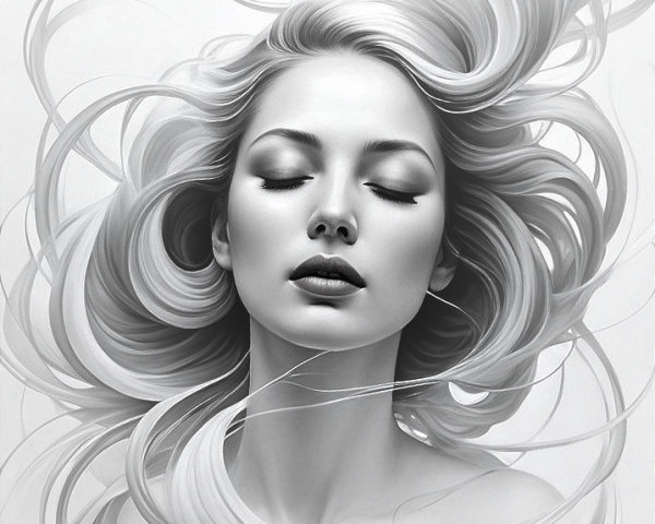 Serene portrait of a woman with flowing hair