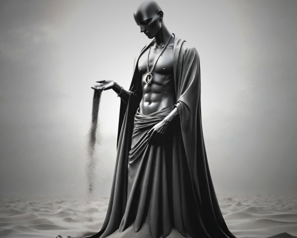 Muscular Figure Sculpture in Barren Landscape