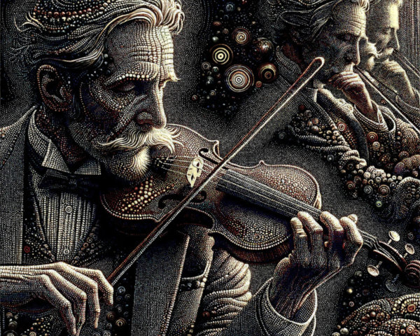 Pointillist Artwork of an Older Man Playing Violin
