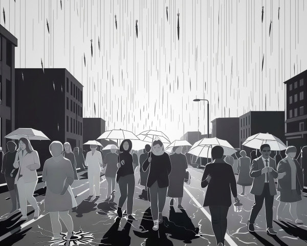 Surreal Cityscape with Raining Knives and Umbrellas